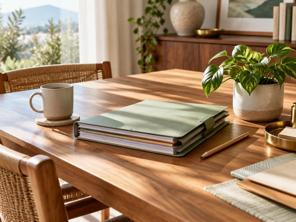 Household records neatly filed on a sunlit table
