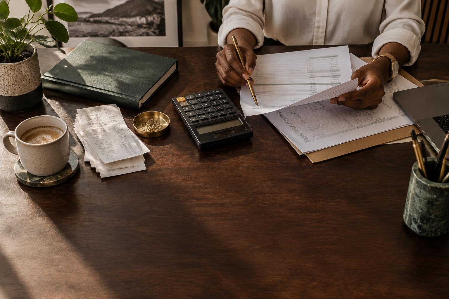 Reviewing financial records at an organised desk