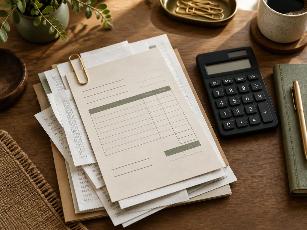 Receipts, calculator and notebook ready for review